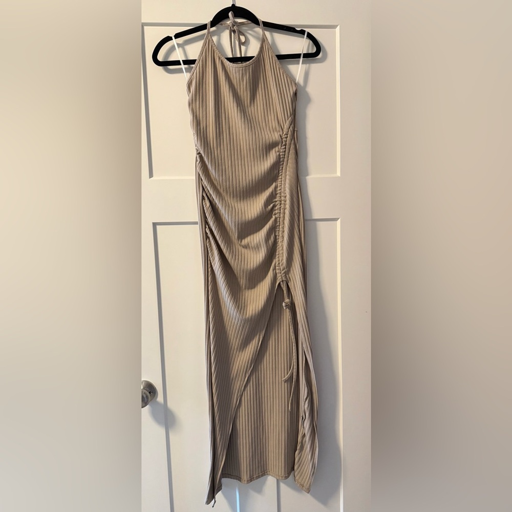 Elegant Tan Ruched Dress